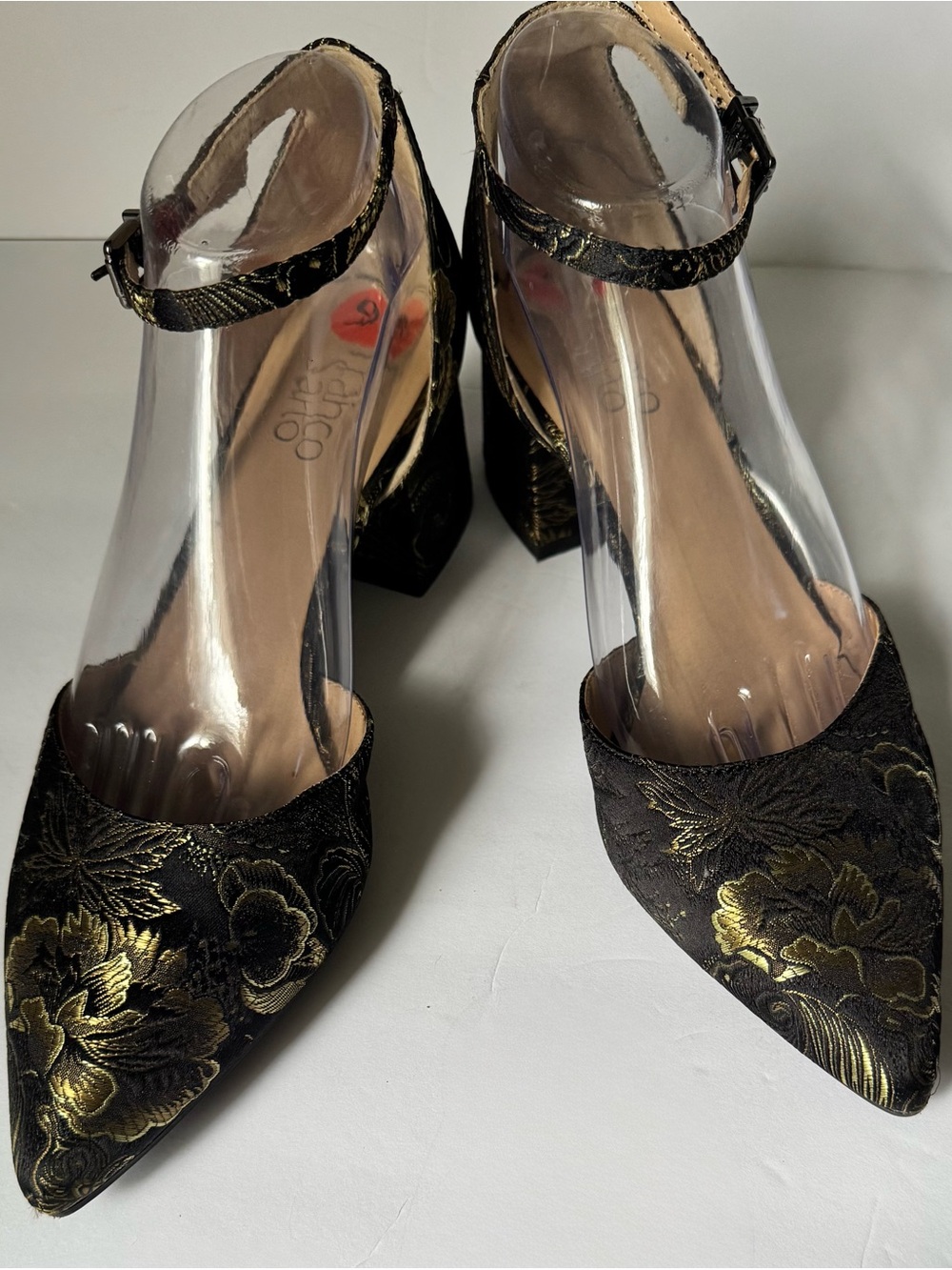 Franco Sarto Black & Gold Floral Pointed-Toe Block Heels